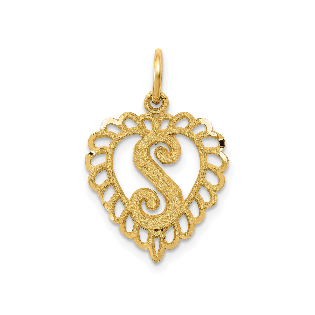 14k Yellow Gold Heart Pendant with Raised Letter S and Ornate Cutout Design