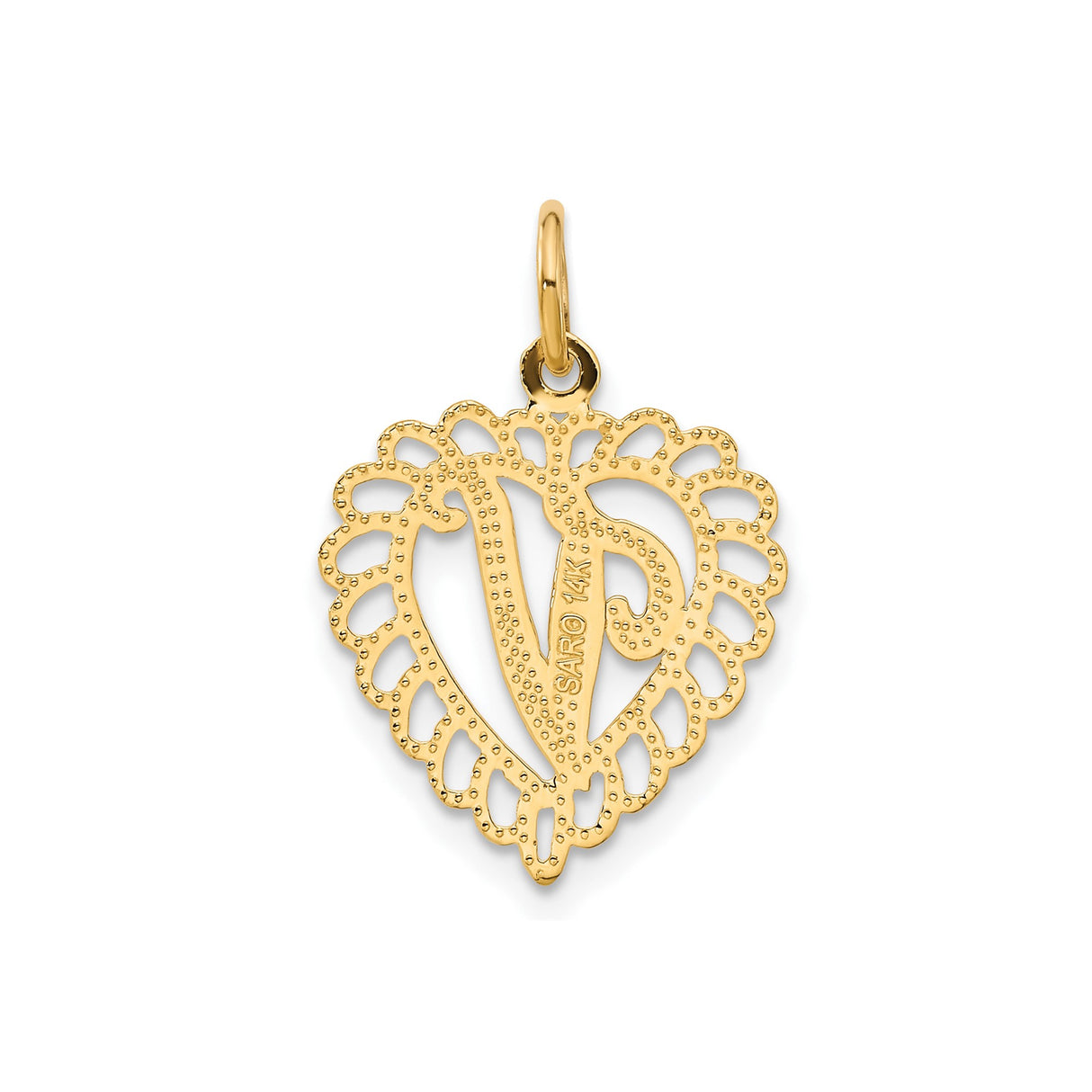 14k Yellow Gold Heart Pendant with Script Letter V and Scalloped Edge Charm