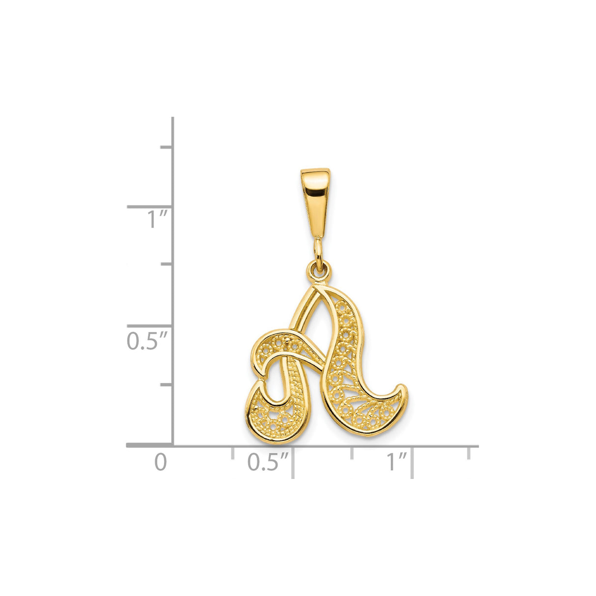 14k Yellow Gold Initial Pendant, Filigree Script Letter A Monogram Charm for Women