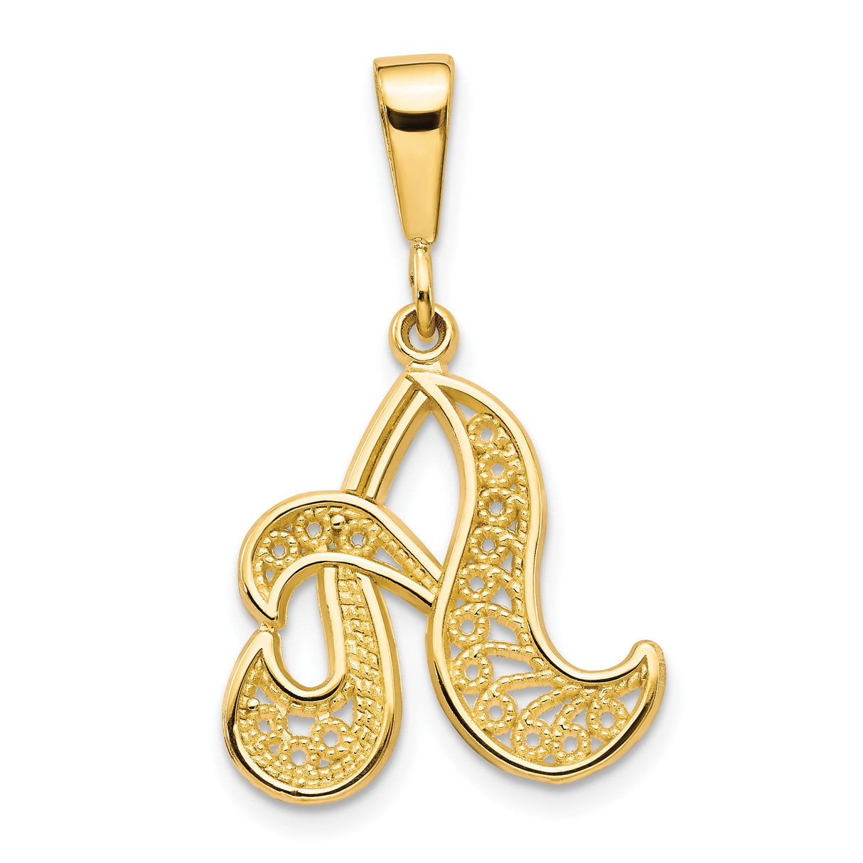 14k Yellow Gold Initial Pendant, Filigree Script Letter A Monogram Charm for Women