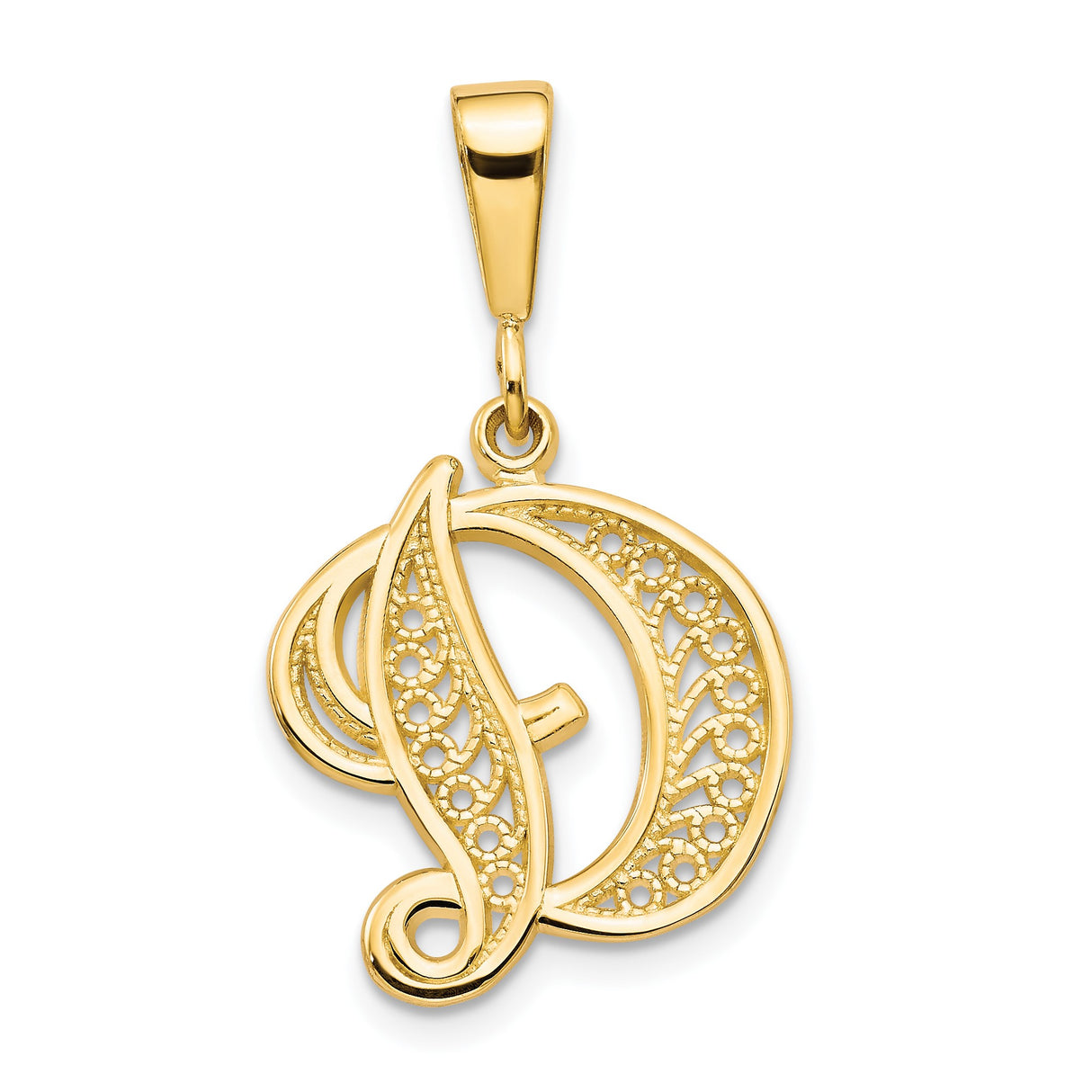 14k Yellow Gold Script Initial D Pendant with Filigree Scrollwork and Floral Accents
