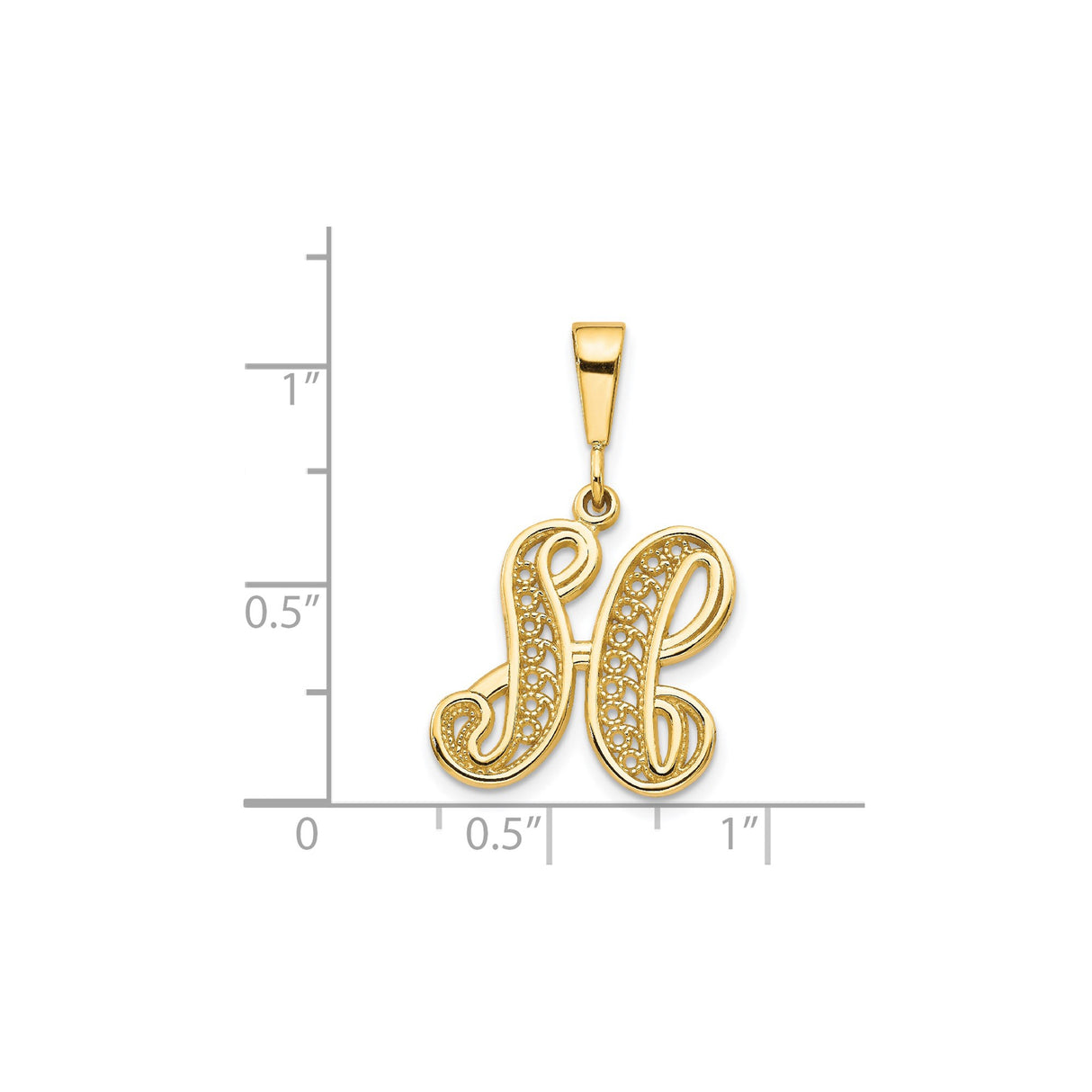 14k Yellow Gold Script Letter H Pendant, Filigree Monogram Charm for Women