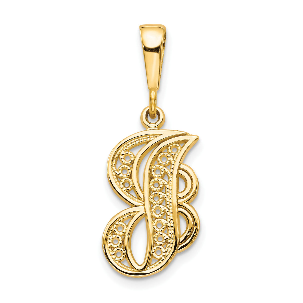 14k Yellow Gold Letter B Pendant, Filigree Script Initial Charm for Women