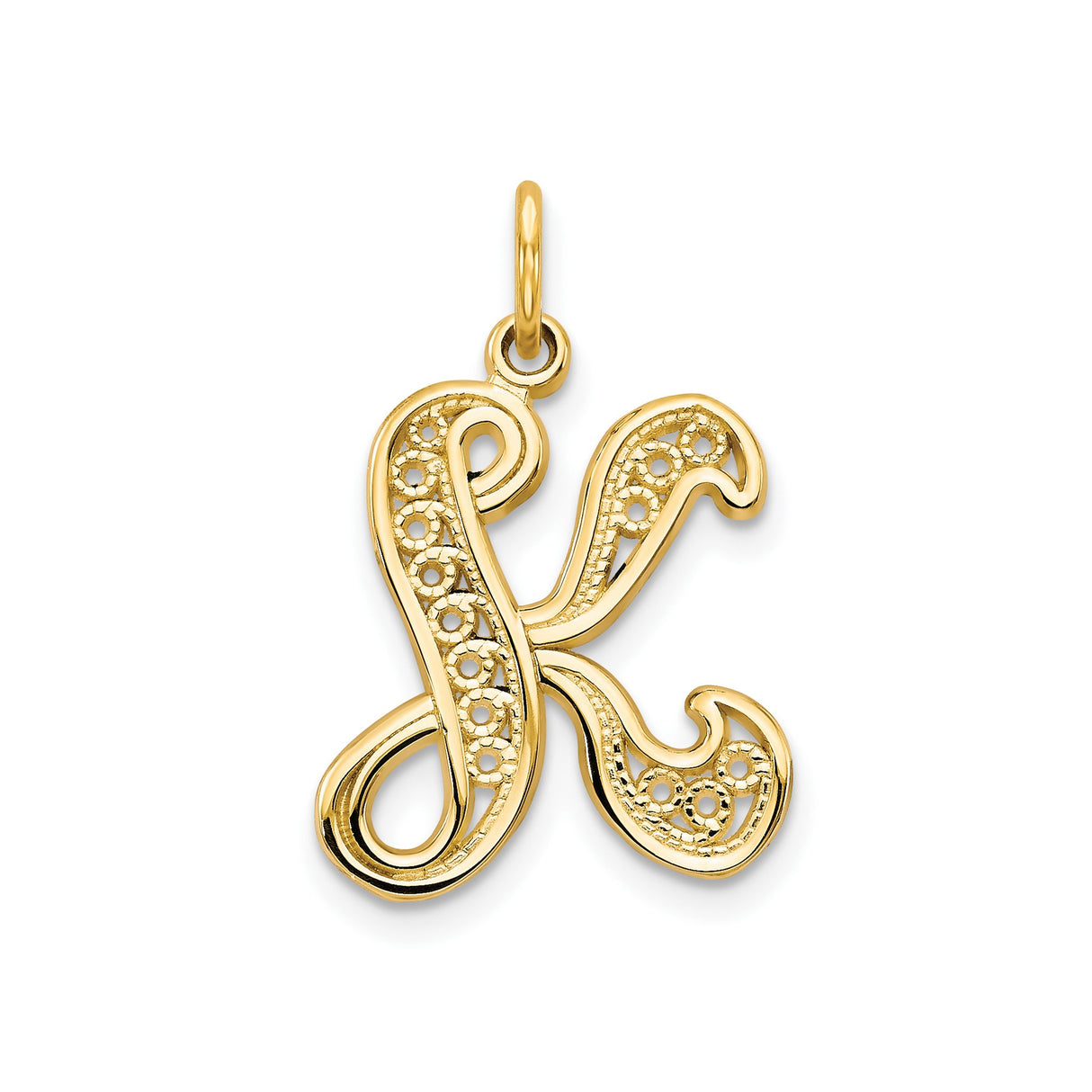 14k Yellow Gold Letter K Pendant with Ornamental Filigree Script Design