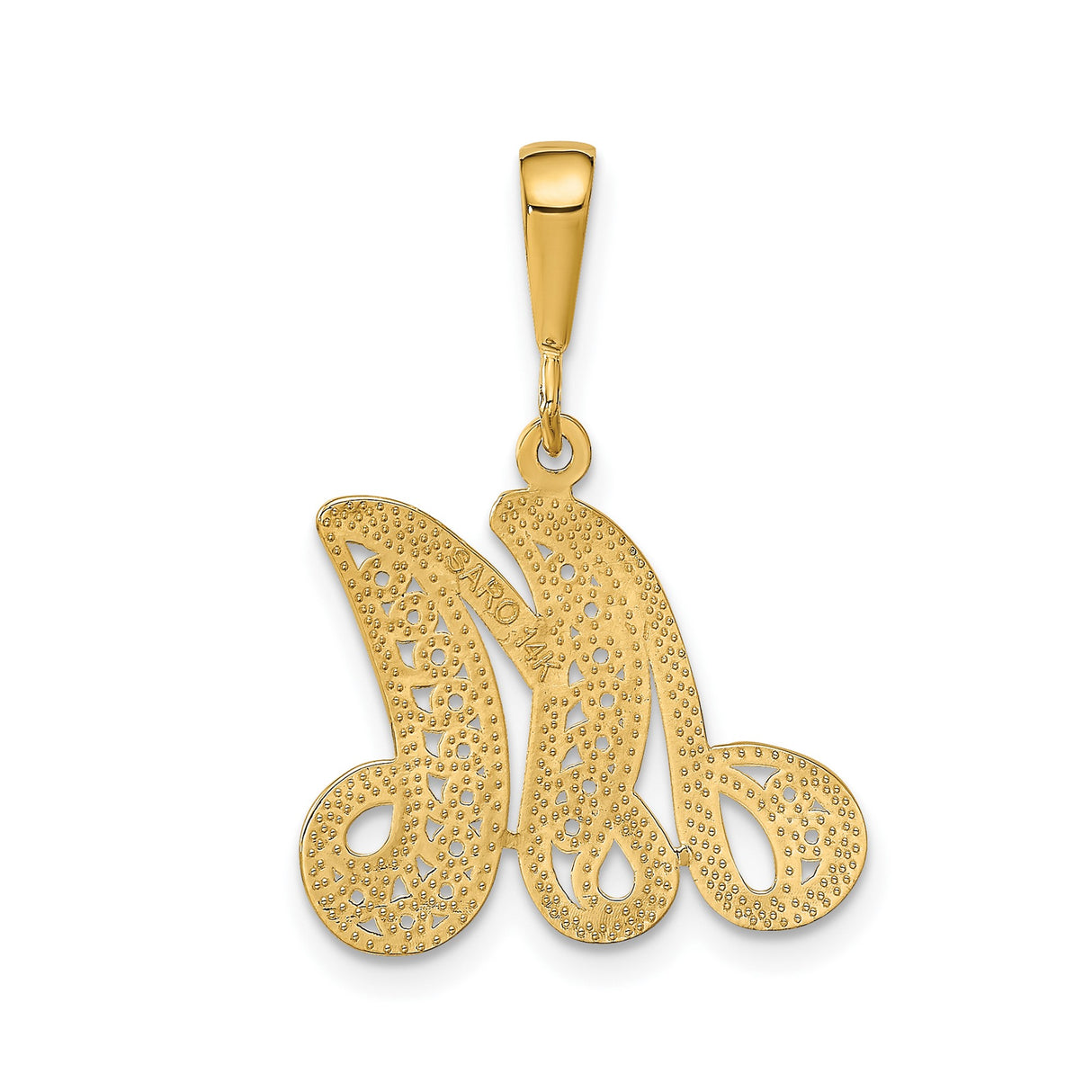 14k Yellow Gold Script Letter M Pendant, Decorative Filigree Initial Charm for Women