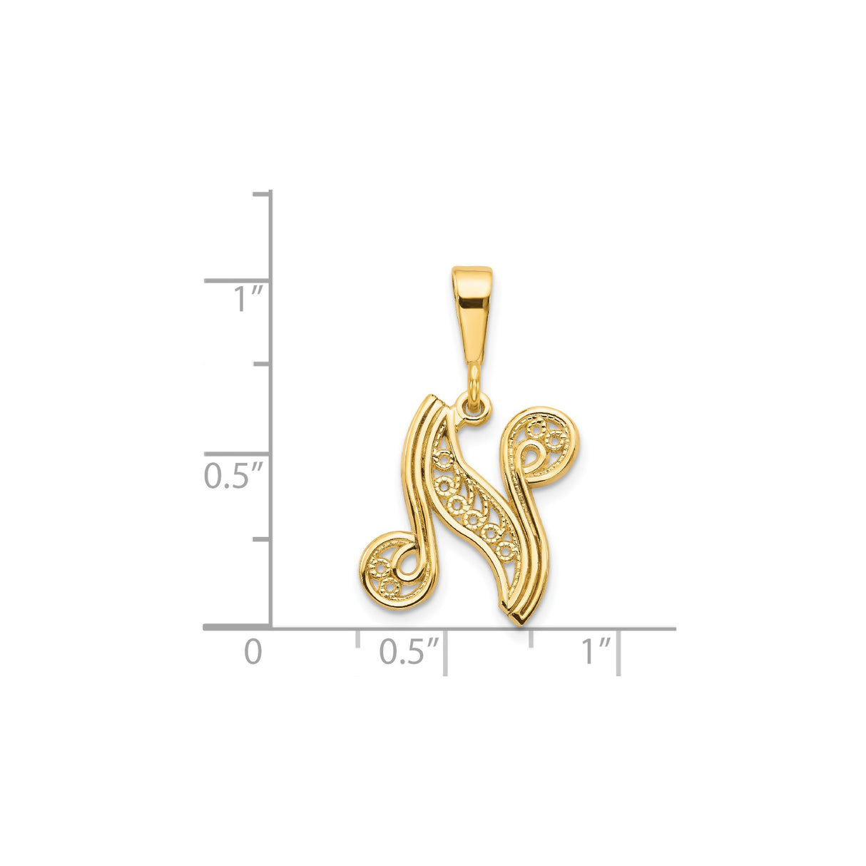 14k Yellow Gold Script Letter N Pendant with Filigree Detail and Polished Finish