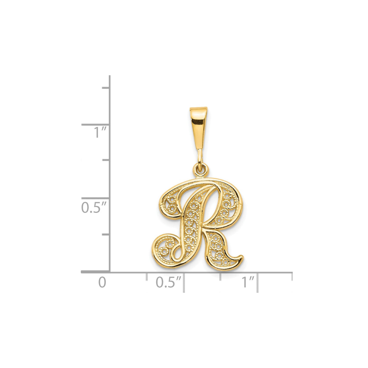 14k Yellow Gold Letter R Pendant, Filigree Script Initial Charm for Women