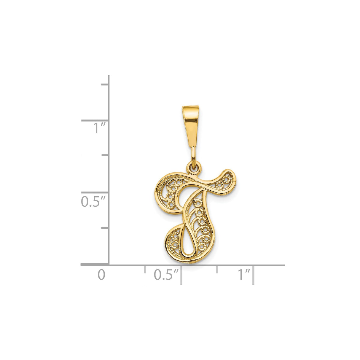 14k Yellow Gold Initial T Pendant with Filigree Scrollwork, Cursive Letter Charm for Women