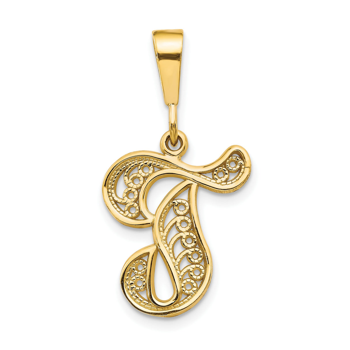 14k Yellow Gold Initial T Pendant with Filigree Scrollwork, Cursive Letter Charm for Women