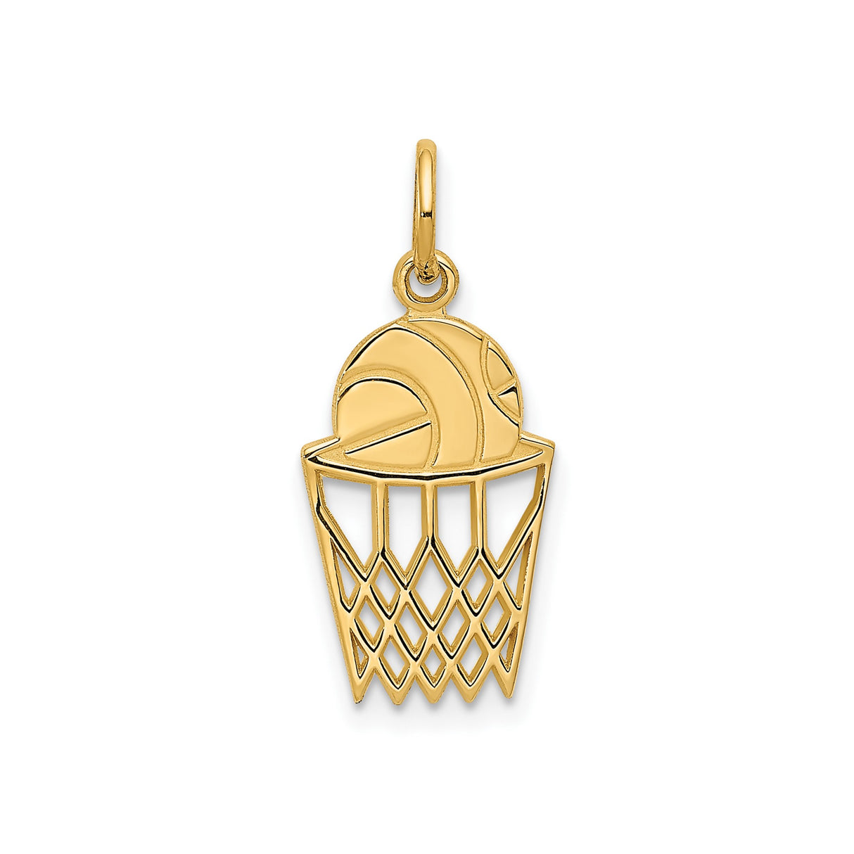 14k Yellow Gold Basketball Pendant with Detailed Hoop and Ball Design, Unisex Sports Charm