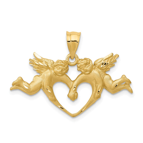 14k Yellow Gold Pendant with Two Cherubs Forming Heart Shape, Angel Symbol of Love and Faith