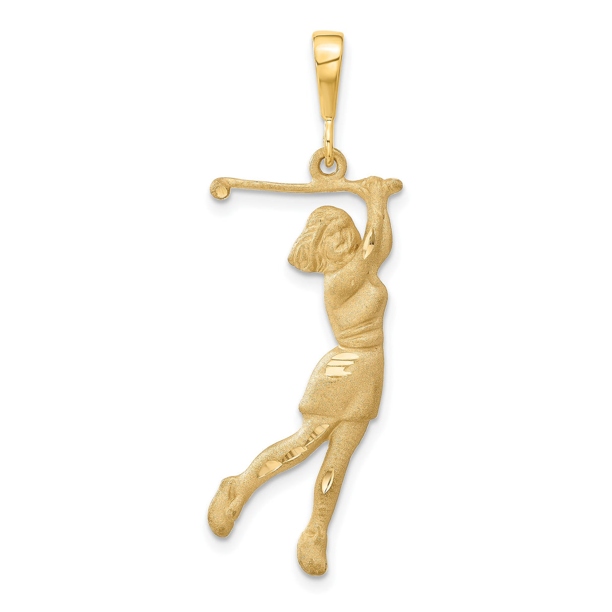 14k Yellow Gold Female Golfer Pendant in Mid Swing Pose, Sports Charm Jewelry for Women