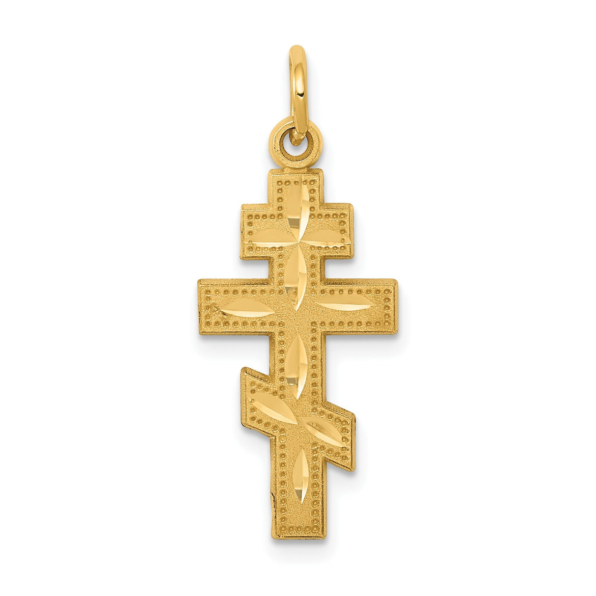 14k Yellow Gold Orthodox Cross Pendant with Satin Finish and Beaded Border