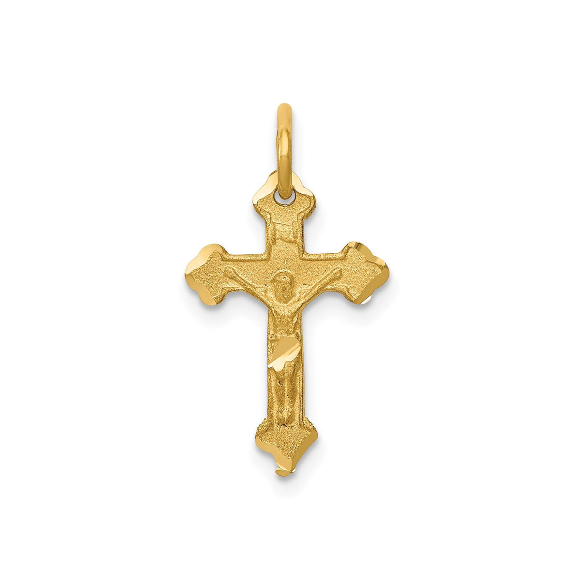 14k Yellow Gold Crucifix Cross Pendant with Raised Christ Matte Texture Religious Design