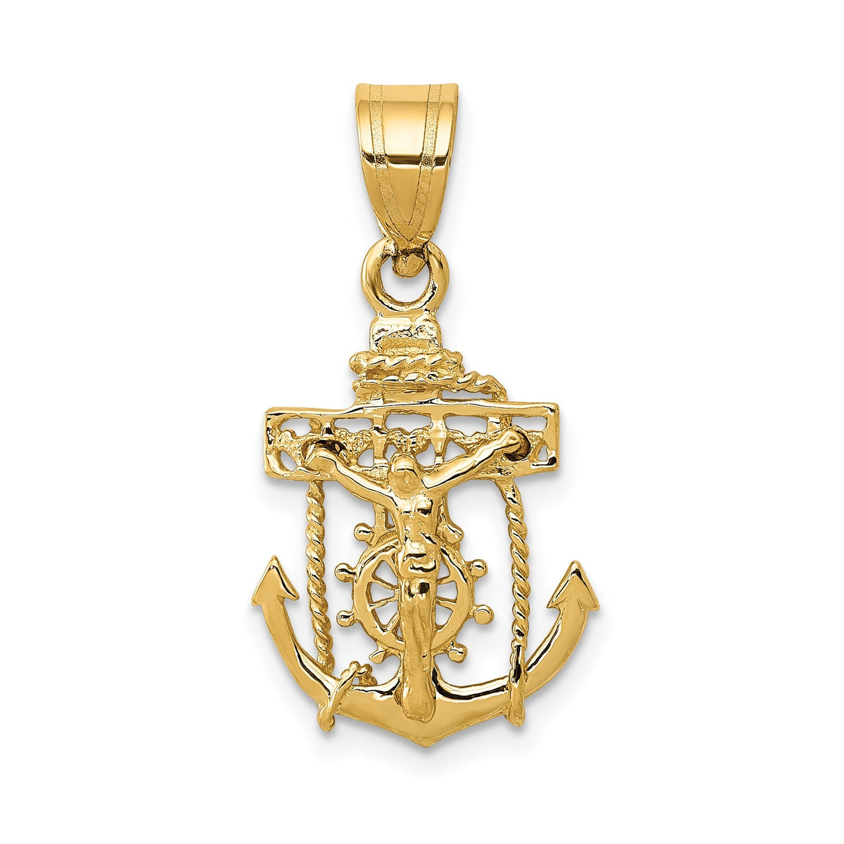 14k Yellow Gold Anchor Cross Pendant with Christ Rope Crucifix, Nautical Religious Design