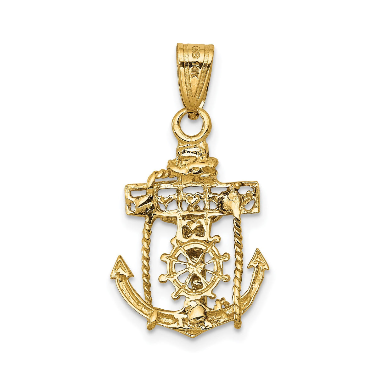 14k Two-Tone Gold Cross Pendant with Anchor and Rope Detailing, Nautical Crucifix Charm