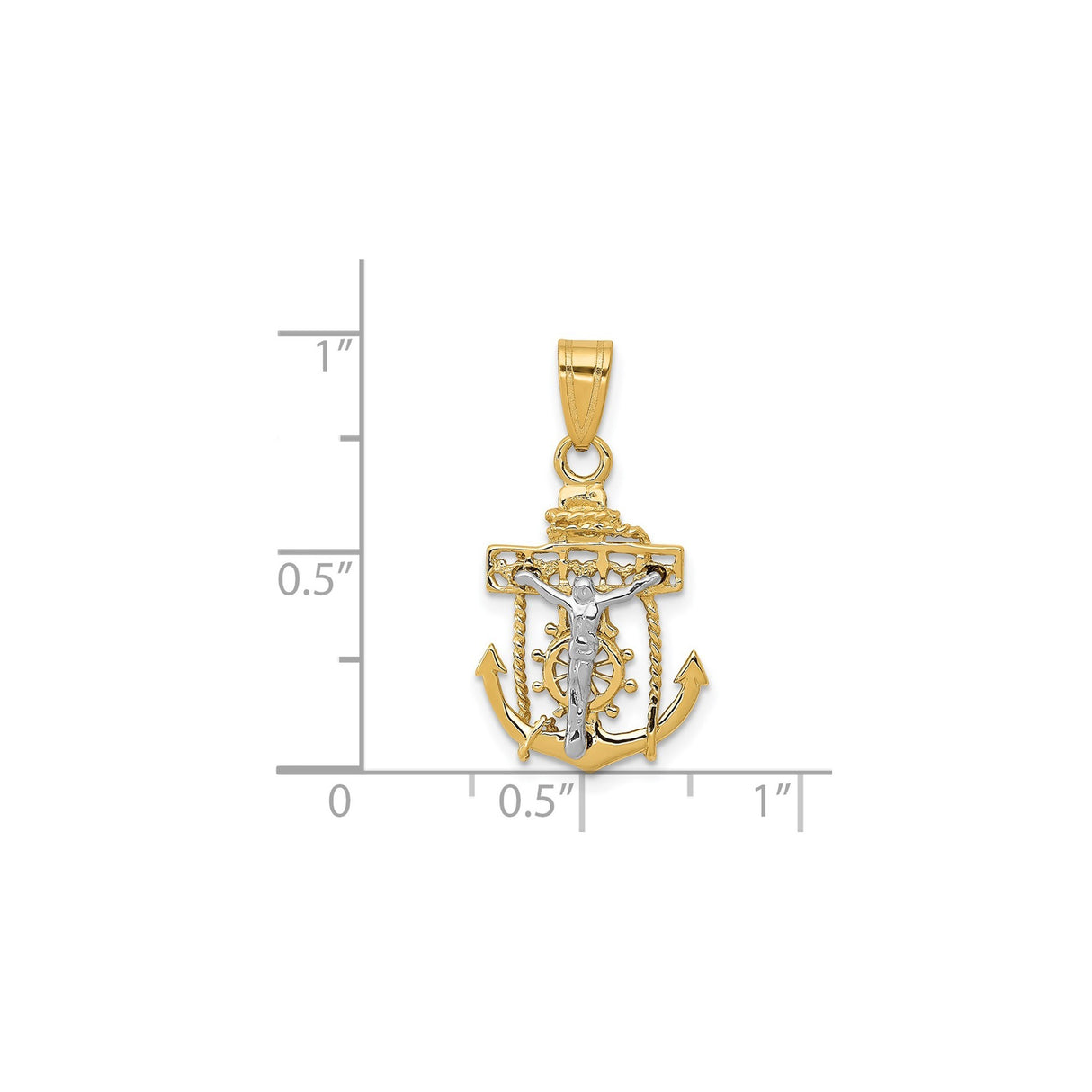14k Two-Tone Gold Cross Pendant with Anchor and Rope Detailing, Nautical Crucifix Charm