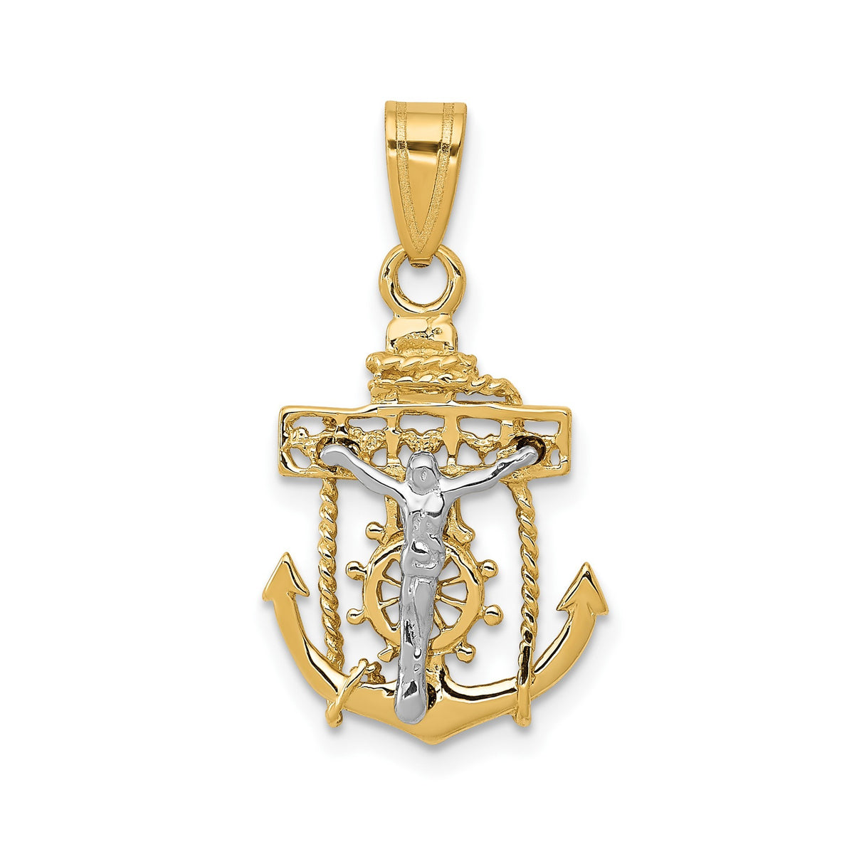 14k Two-Tone Gold Cross Pendant with Anchor and Rope Detailing, Nautical Crucifix Charm