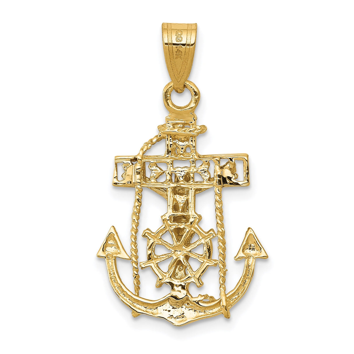 14k Multi-Tone Gold Anchor Crucifix Pendant with Nautical Rope Detailing