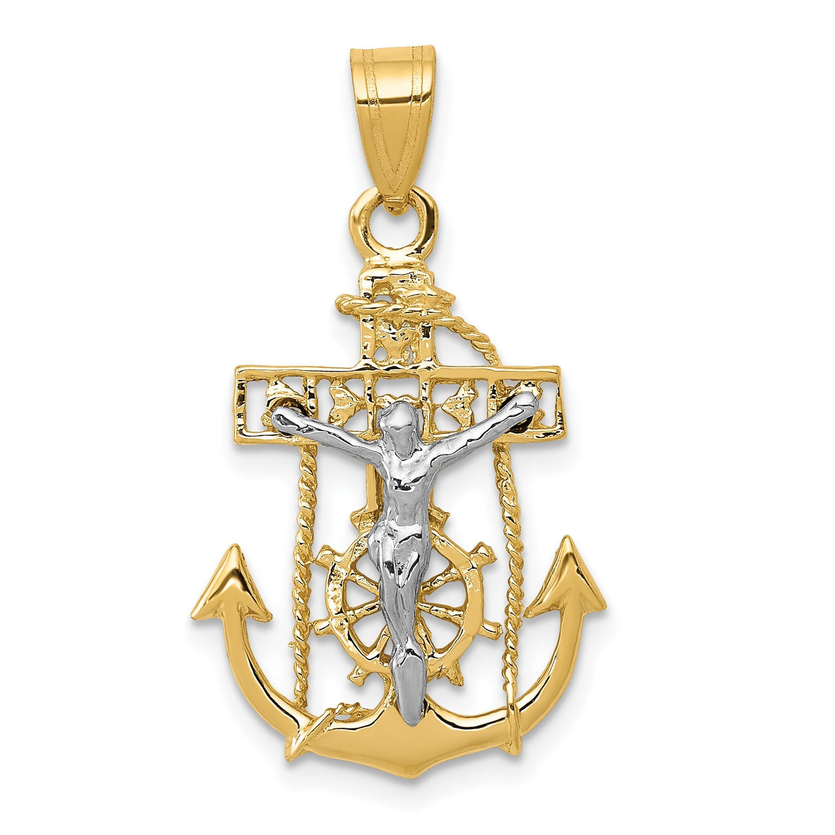 14k Multi-Tone Gold Anchor Crucifix Pendant with Nautical Rope Detailing