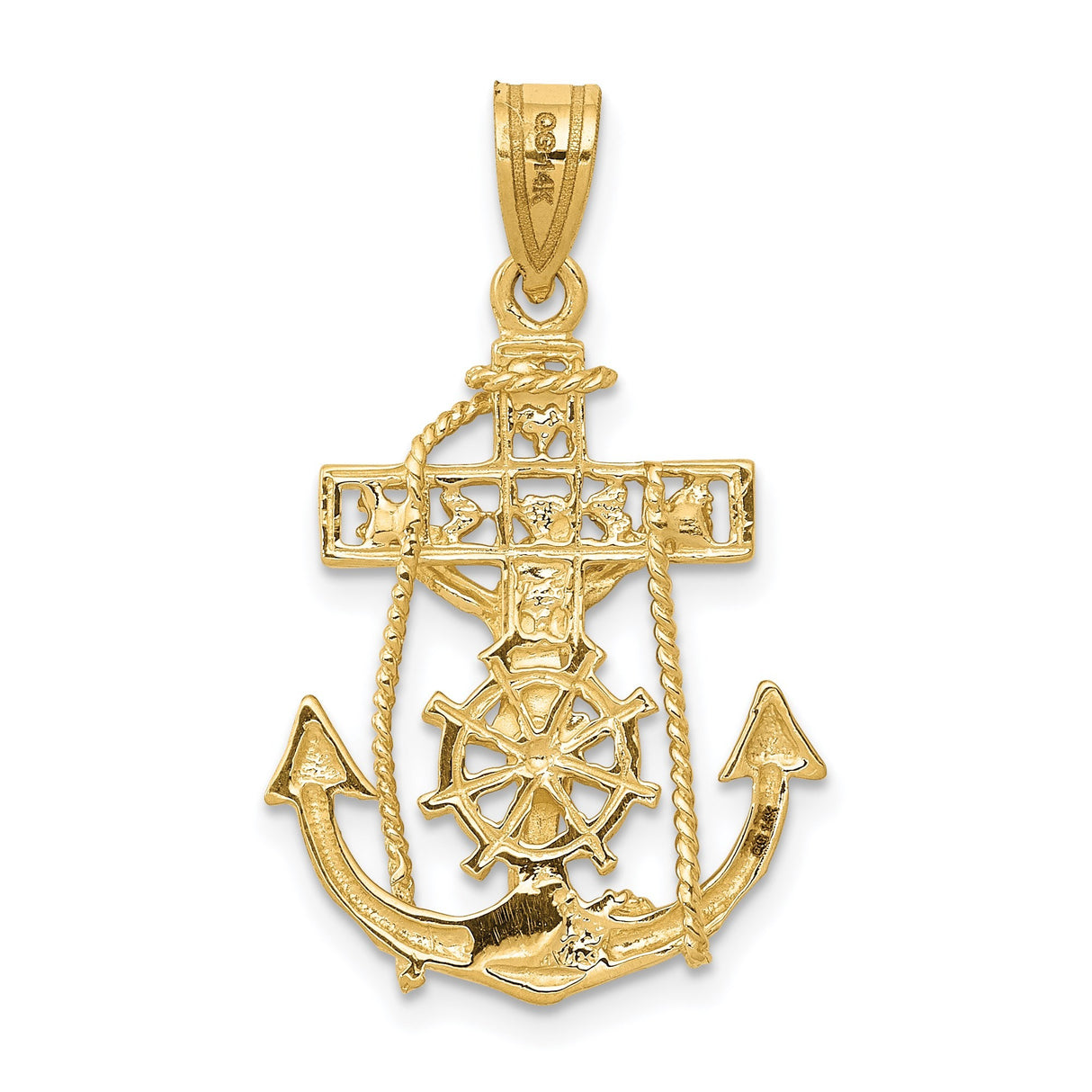 14k Yellow Gold Anchor Cross Pendant with Rope Detail, Jesus Crucifix and Ship Wheel
