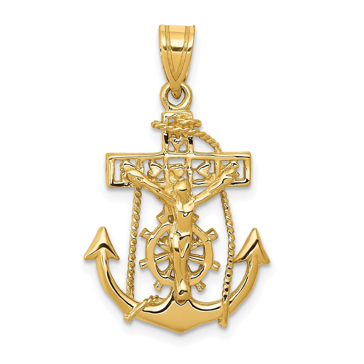 14k Yellow Gold Anchor Cross Pendant with Rope Detail, Jesus Crucifix and Ship Wheel
