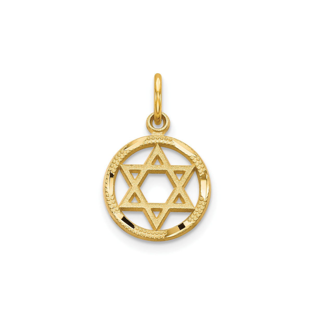 14k Yellow Gold Star of David Pendant with Textured Circle Frame and Cutout Design