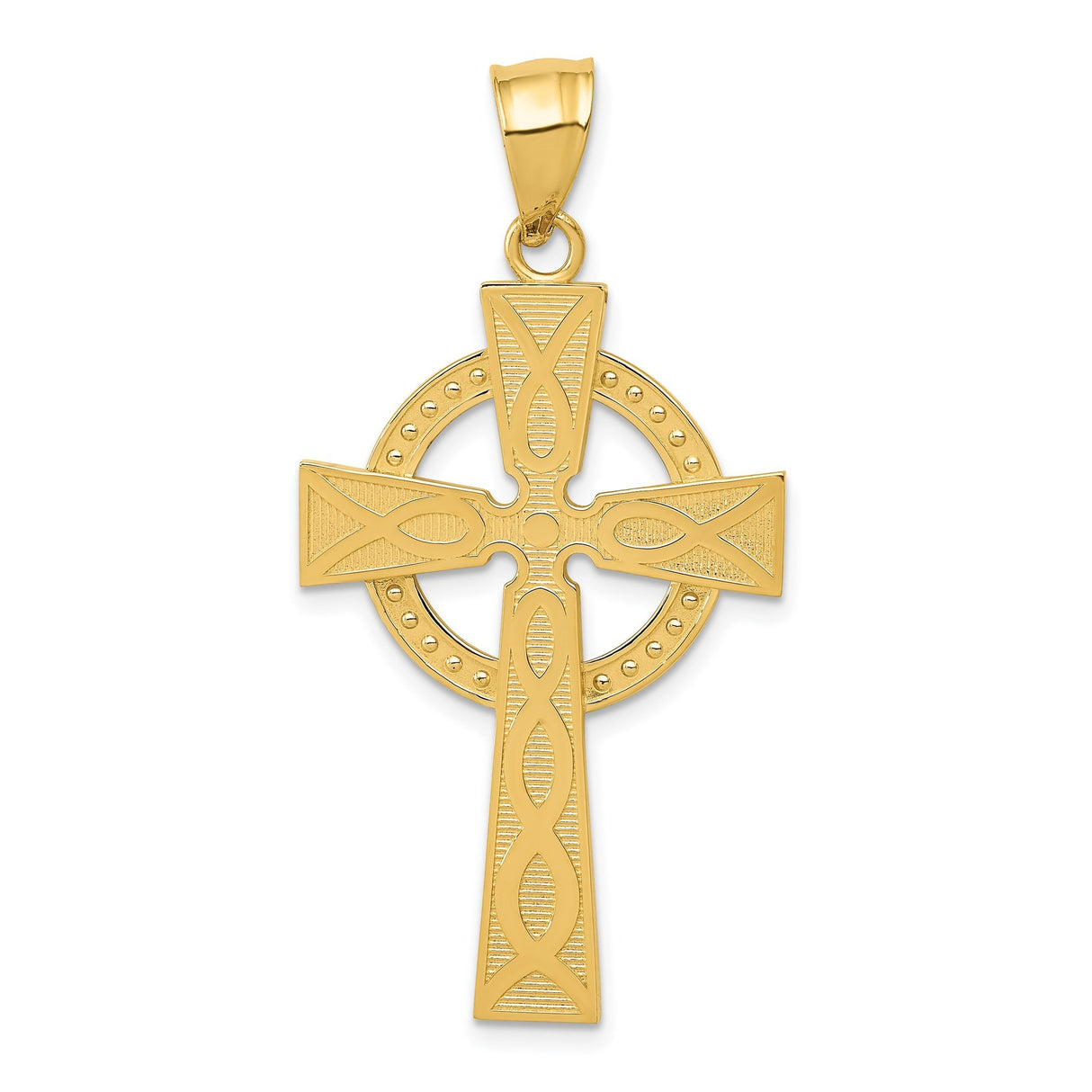 14k Yellow Gold Celtic Iona High Cross Pendant with Knot Design and Beaded Center