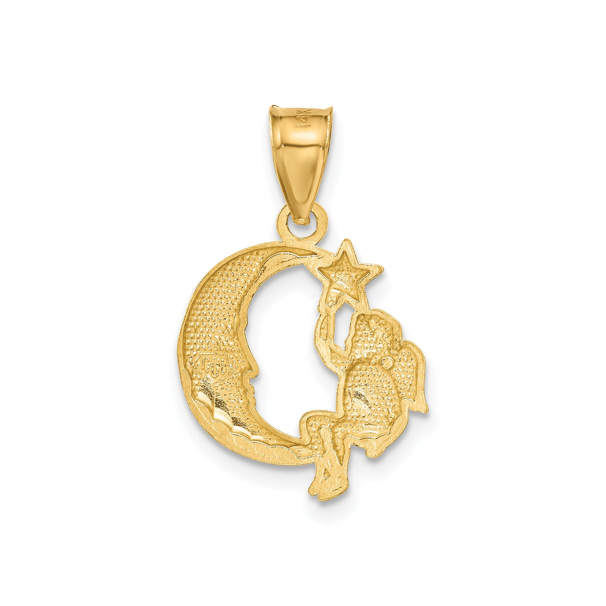 14k Yellow Gold Pendant with Cherub on Crescent Moon Reaching for Star, Celestial Angel Theme