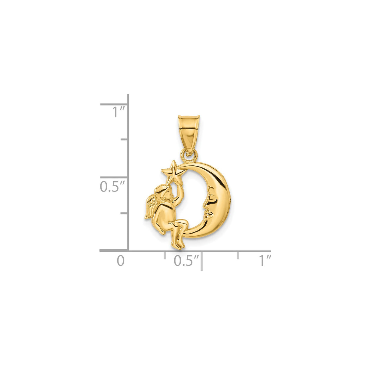 14k Yellow Gold Pendant with Cherub on Crescent Moon Reaching for Star, Celestial Angel Theme