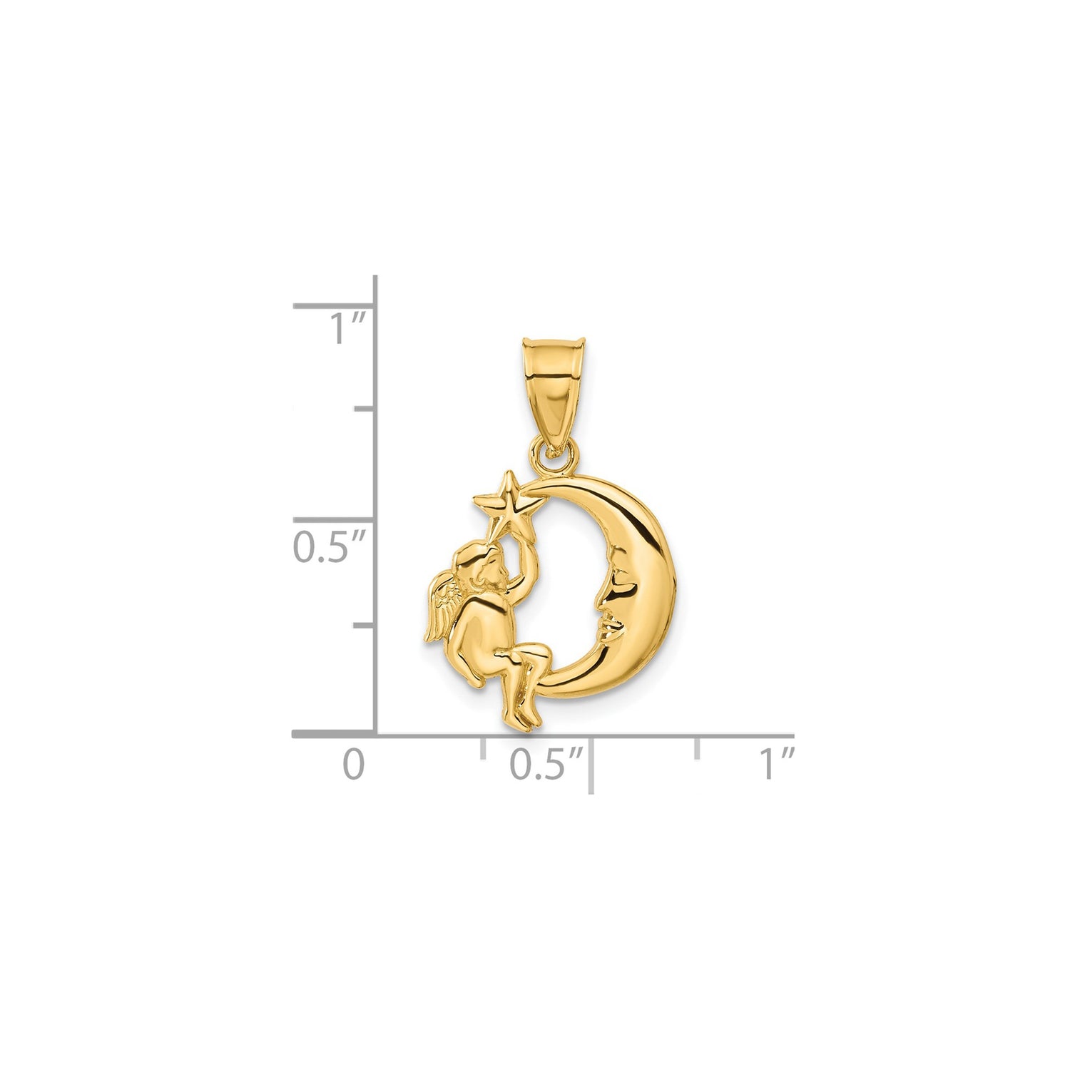 14k Yellow Gold Pendant with Cherub on Crescent Moon Reaching for Star, Celestial Angel Theme