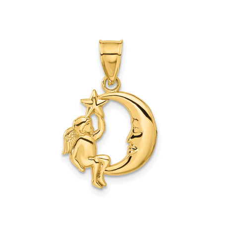 14k Yellow Gold Pendant with Cherub on Crescent Moon Reaching for Star, Celestial Angel Theme
