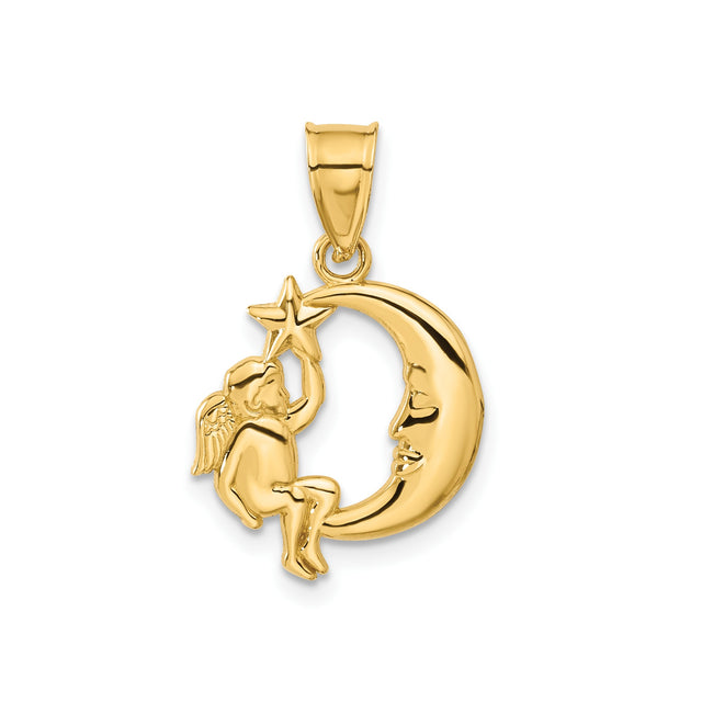 14k Yellow Gold Pendant with Cherub on Crescent Moon Reaching for Star, Celestial Angel Theme