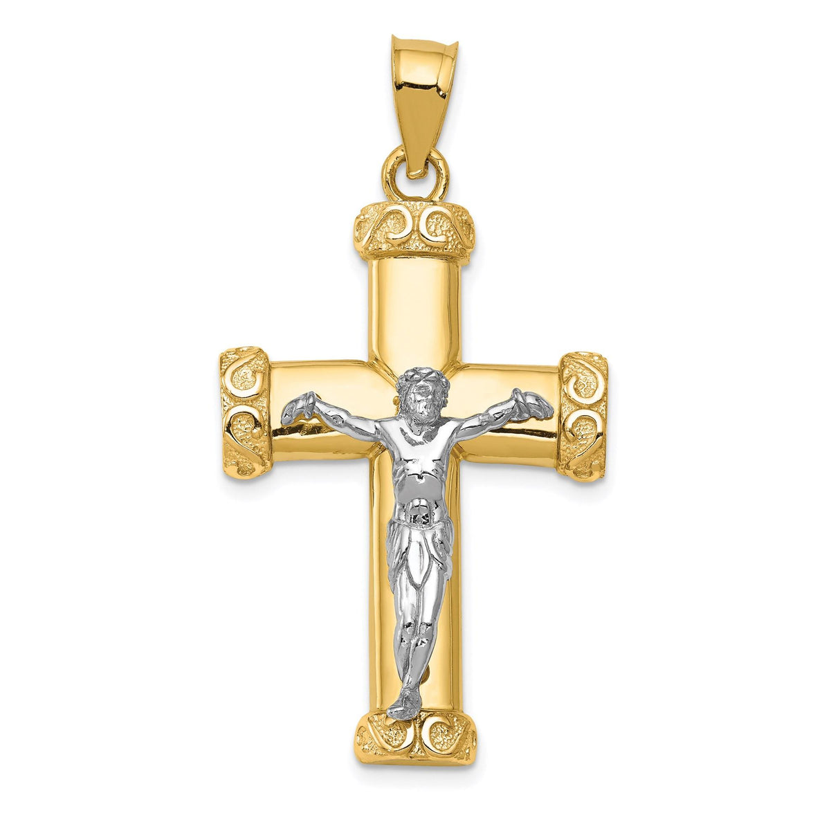 14k Two-Tone Gold Crucifix Pendant with Jesus Figure, Latin Cross Religious Charm