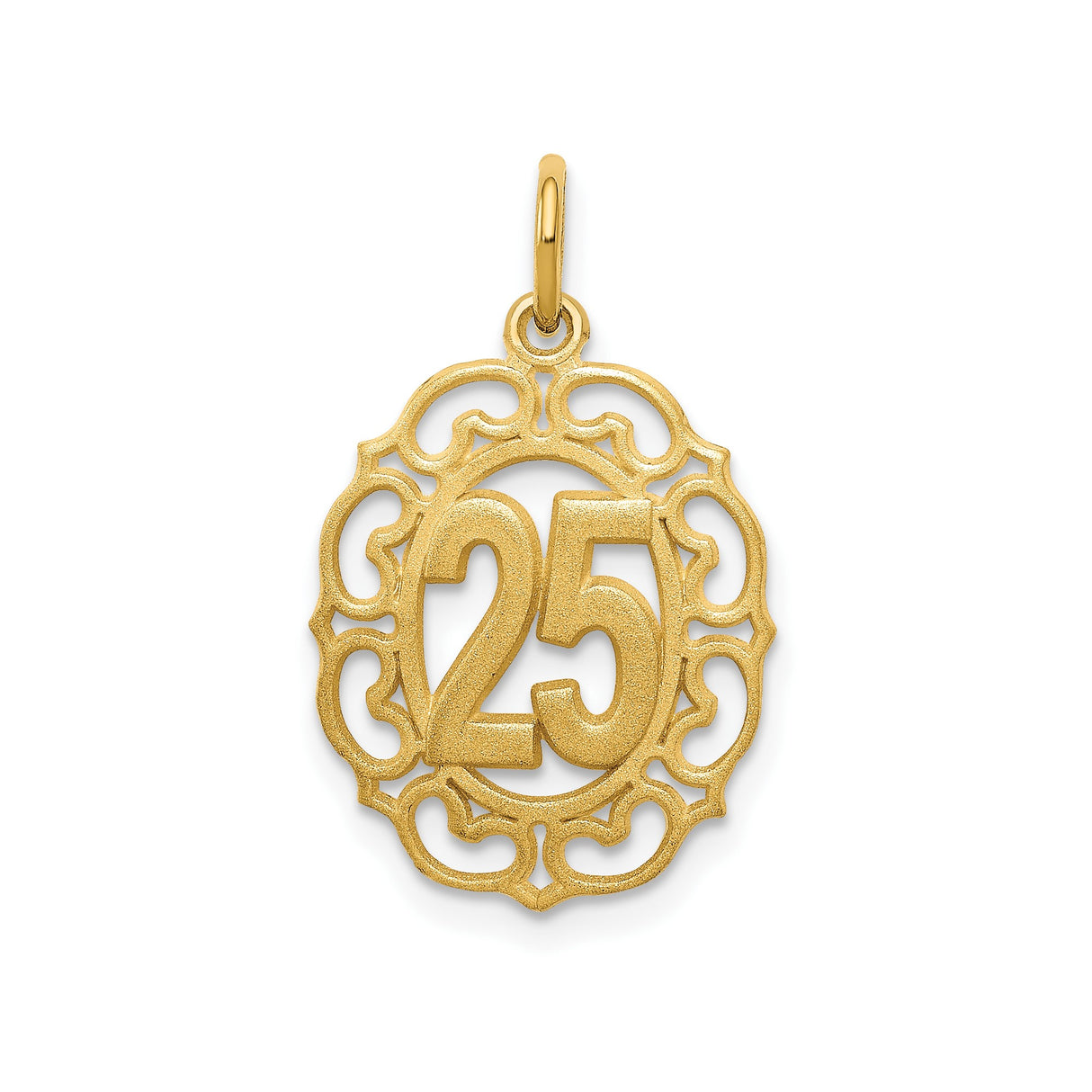 14k Yellow Gold Pendant with Number 25 in Ornate Filigree Oval Design