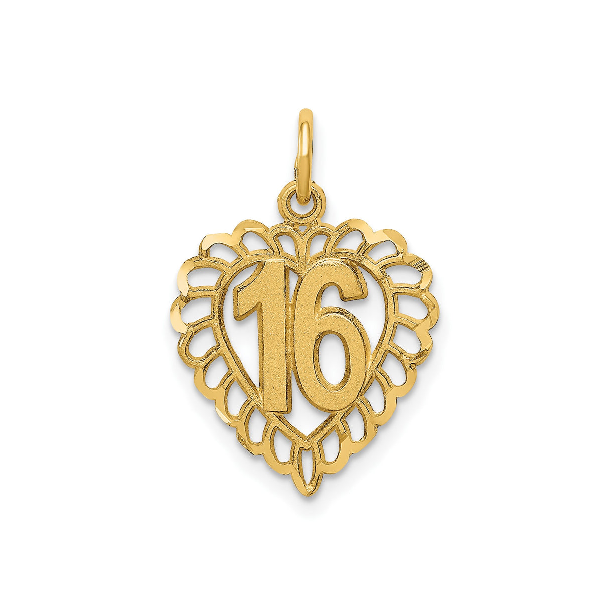 14k Yellow Gold Heart Pendant with Number 16 and Lace Border Charm for Teen Girl