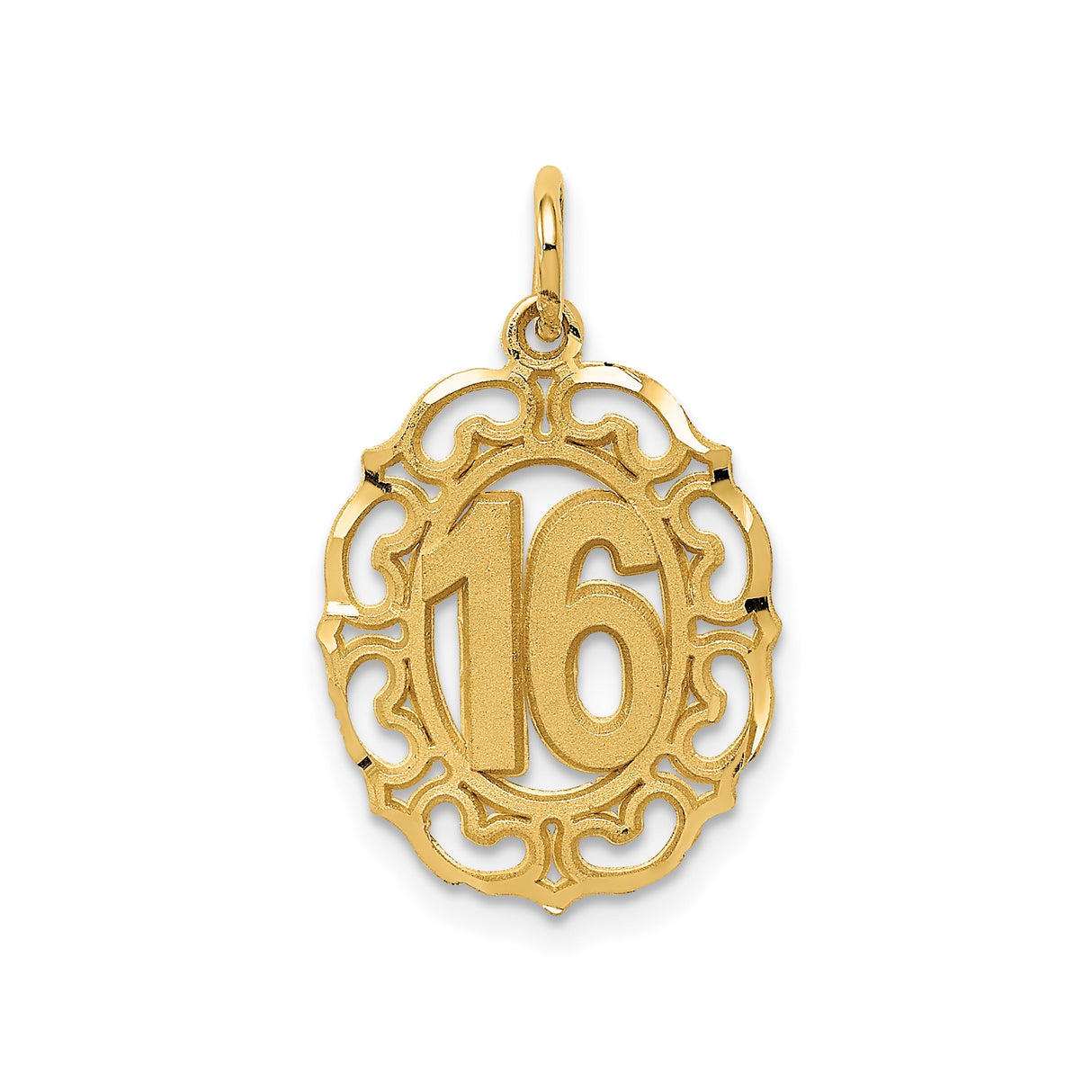 14k Yellow Gold 16 Pendant Charm with Ornate Filigree Border, Sweet Sixteen Milestone Jewelry