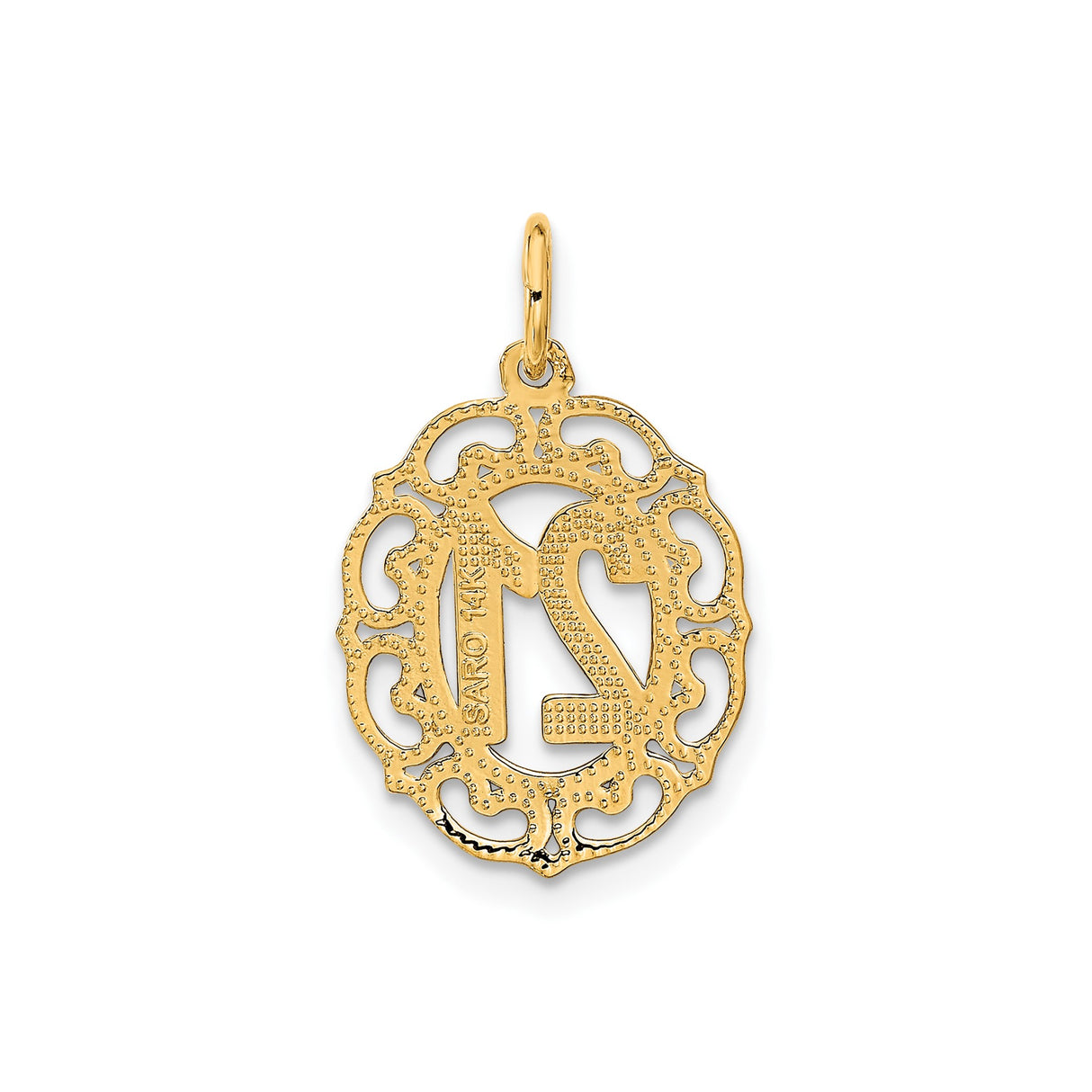 14k Yellow Gold Oval 21 Pendant Charm with Filigree Border, Birthday Milestone Jewelry for Women