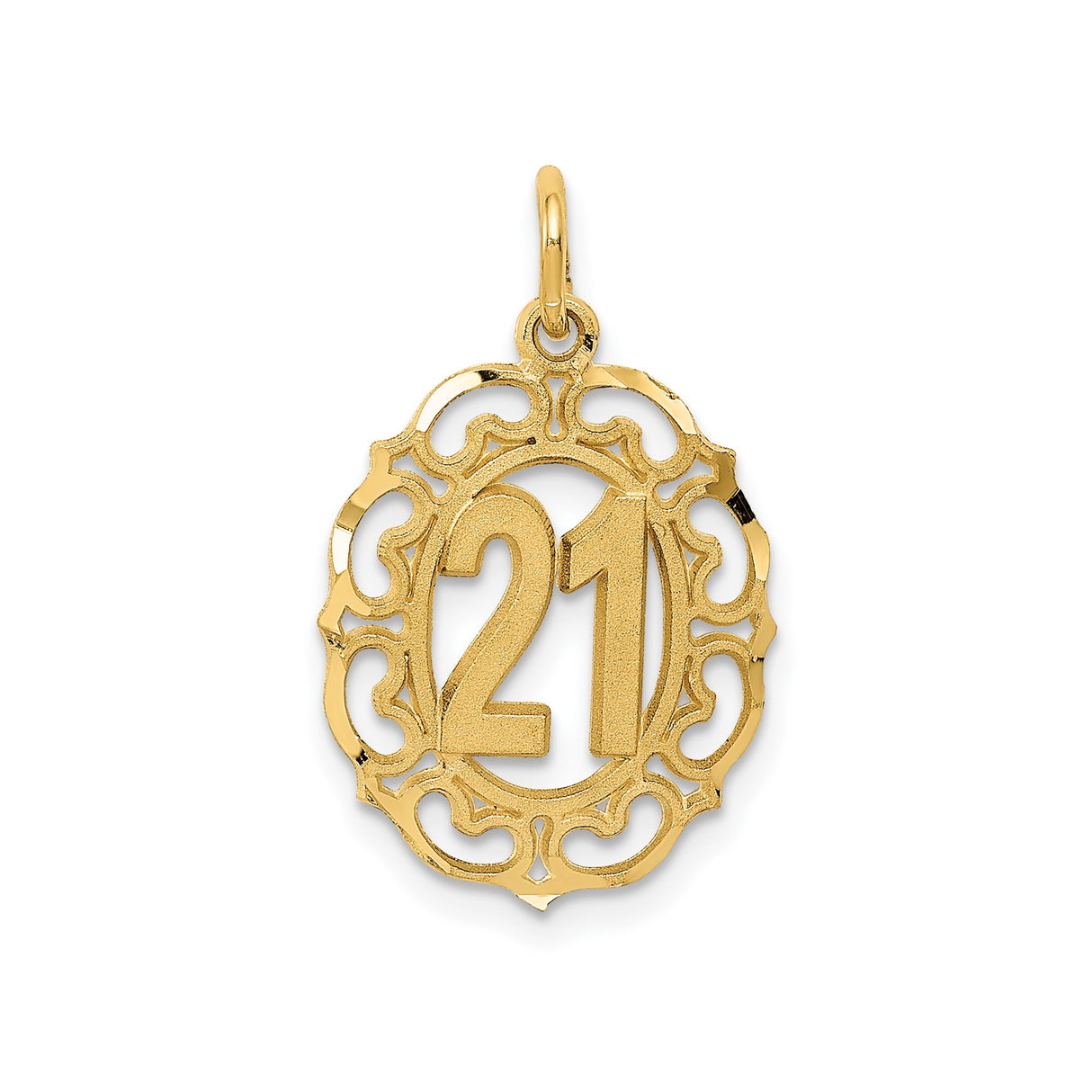 14k Yellow Gold Oval 21 Pendant Charm with Filigree Border, Birthday Milestone Jewelry for Women