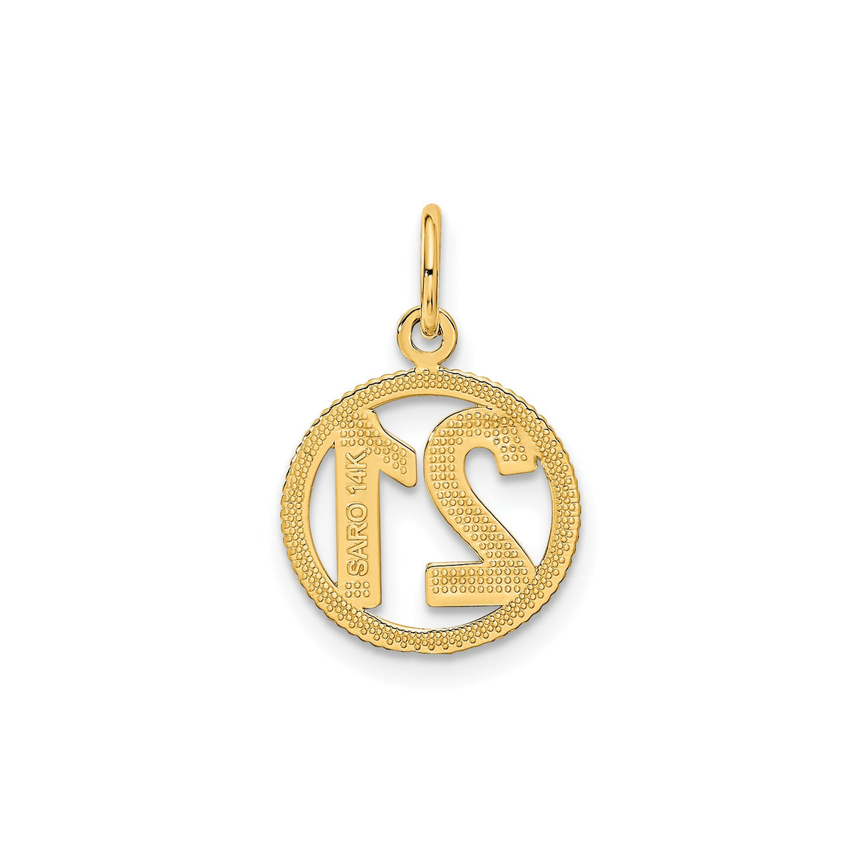 14k Yellow Gold 21 Pendant Charm with Textured Circle Border and Polished Diagonal Accents