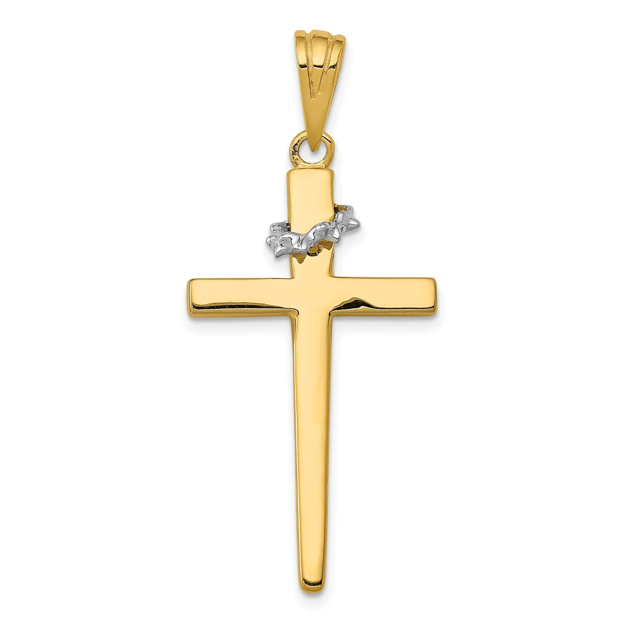 14k Two-Tone Gold Latin Cross Pendant with Crown of Thorns, Mirror Finish Religious Charm