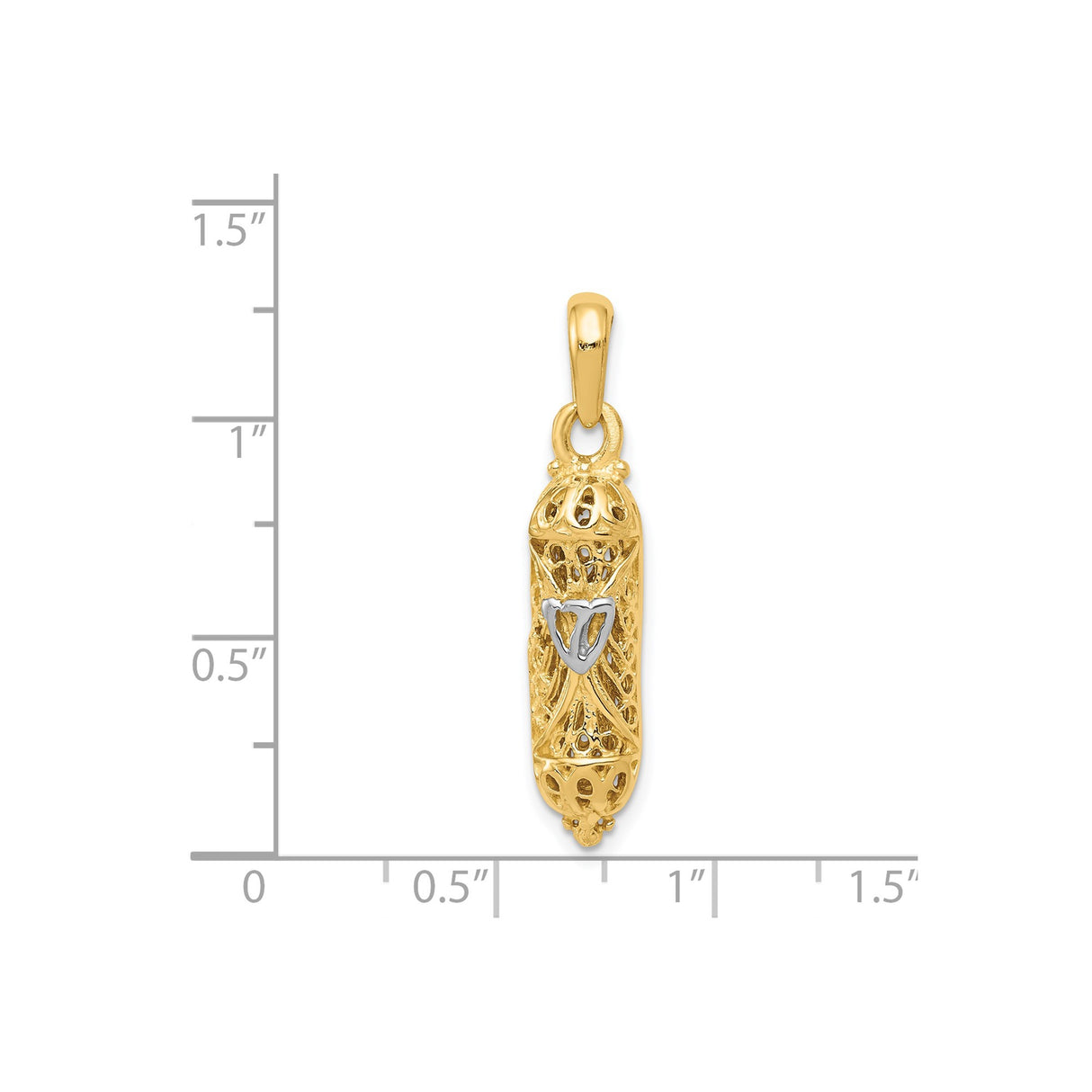 14k Two-Tone Gold Mezuzah Pendant with Filigree Design and Hebrew Shin Symbol