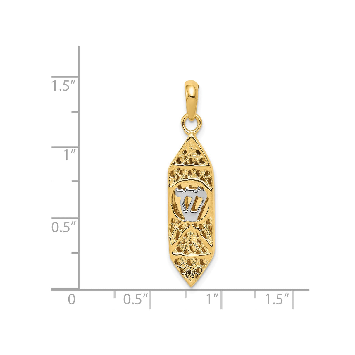 14k Multi-Tone Gold Mezuzah Pendant with Hebrew Shin Symbol, Jewish Religious Charm