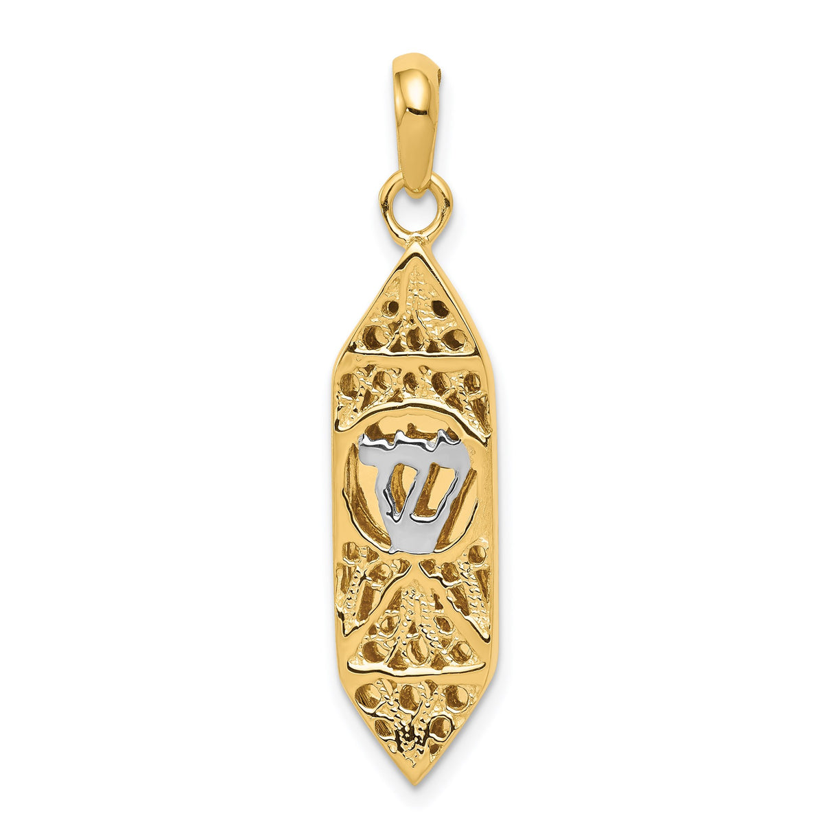 14k Multi-Tone Gold Mezuzah Pendant with Hebrew Shin Symbol, Jewish Religious Charm