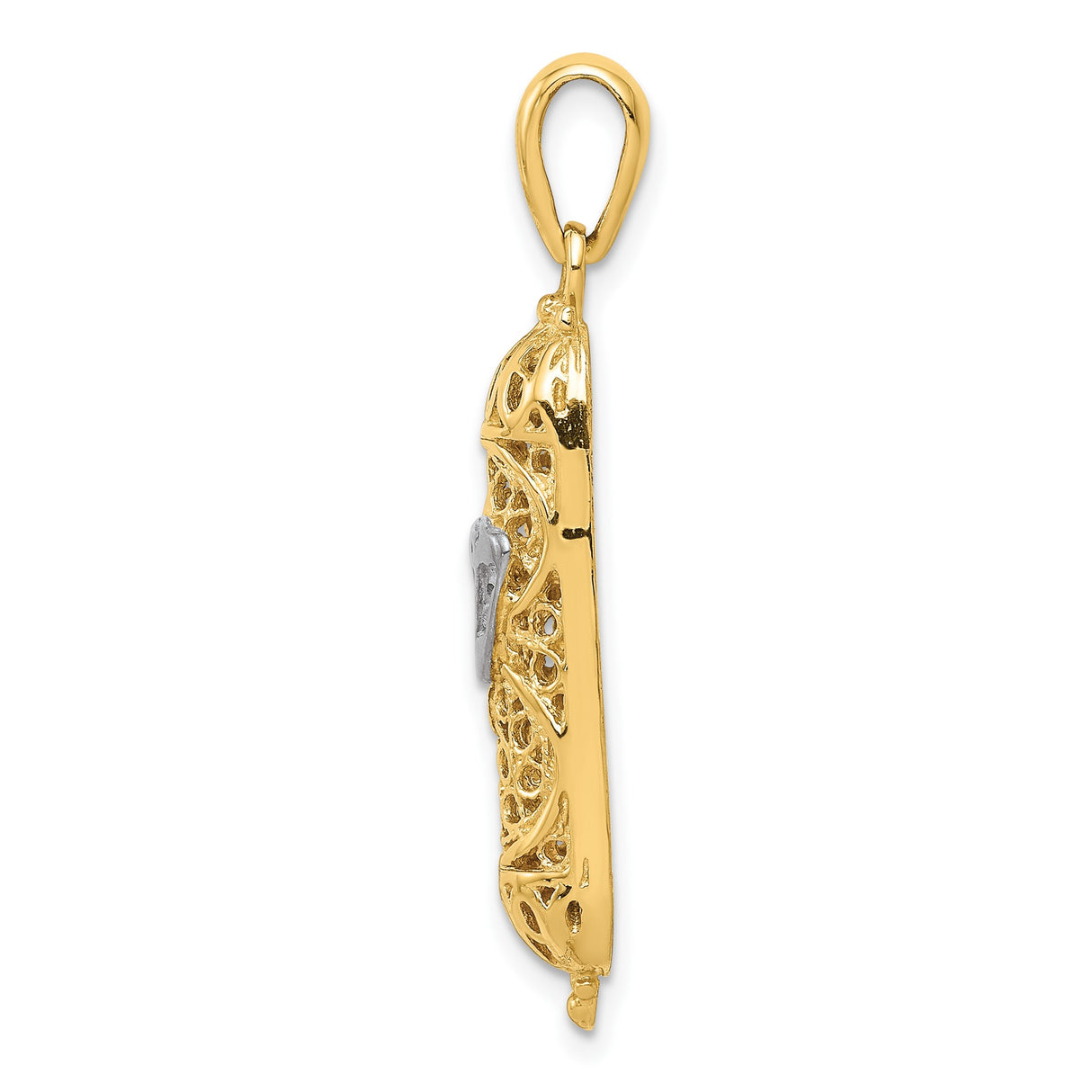 14k Multi-Tone Gold Mezuzah Pendant with Filigree Design and Hebrew Shin Symbol