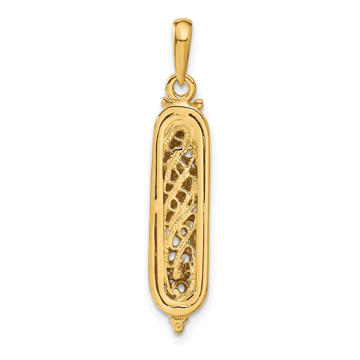 14k Multi-Tone Gold Mezuzah Pendant with Filigree Design and Hebrew Shin Symbol