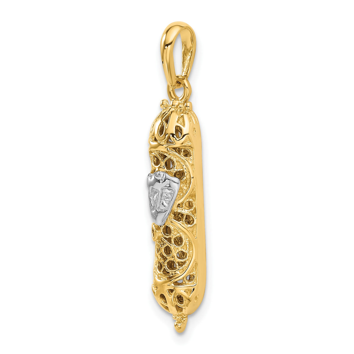 14k Multi-Tone Gold Mezuzah Pendant with Filigree Design and Hebrew Shin Symbol