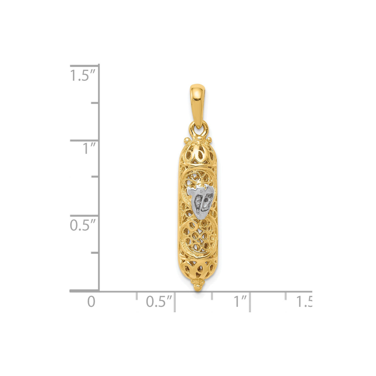 14k Multi-Tone Gold Mezuzah Pendant with Filigree Design and Hebrew Shin Symbol