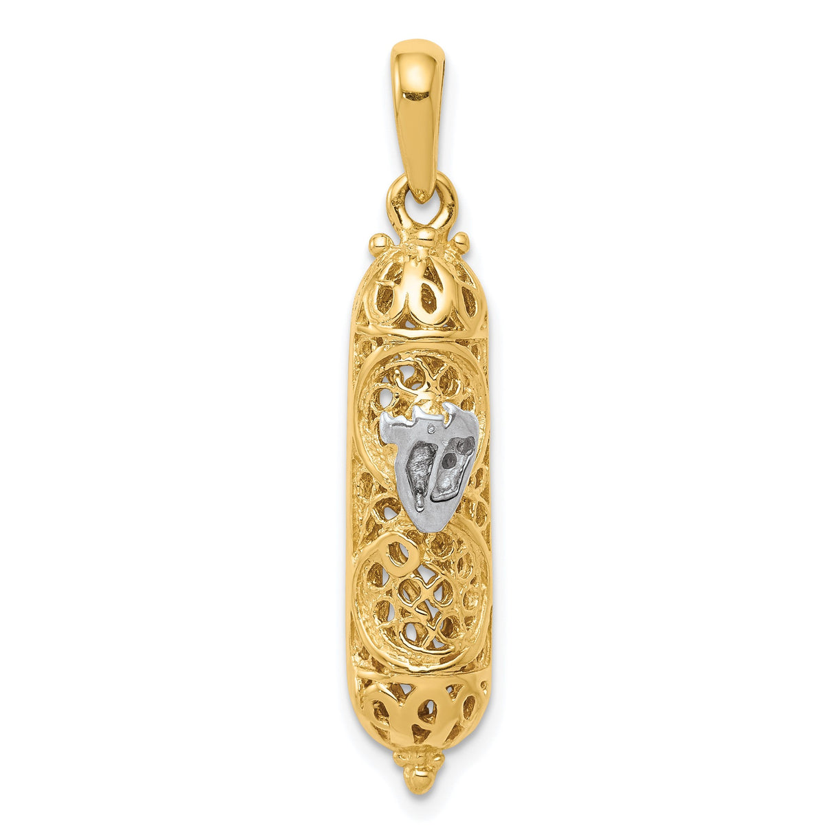 14k Multi-Tone Gold Mezuzah Pendant with Filigree Design and Hebrew Shin Symbol