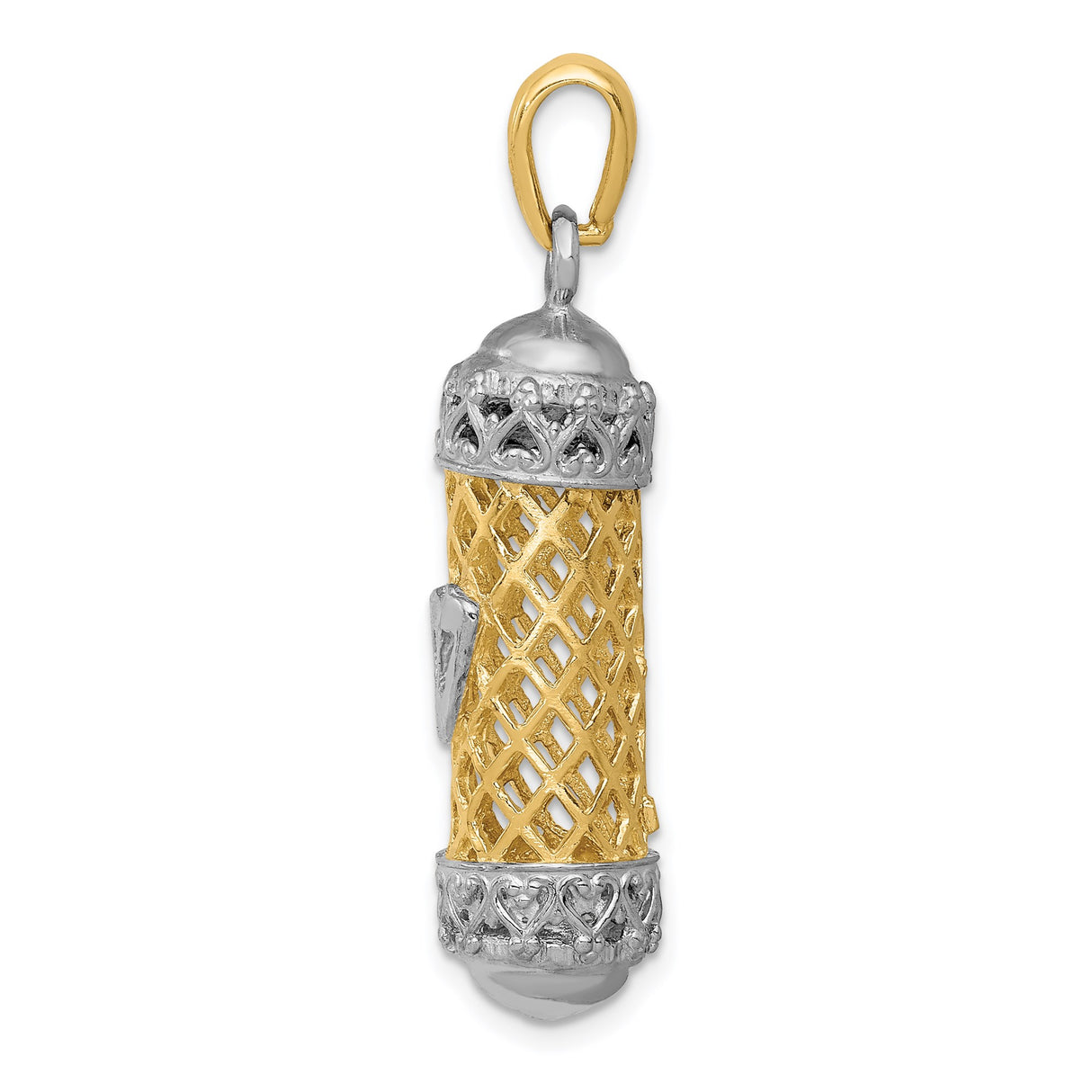 14k Two-Tone Gold Mezuzah Pendant with Lattice Design and Hebrew Shin Symbol